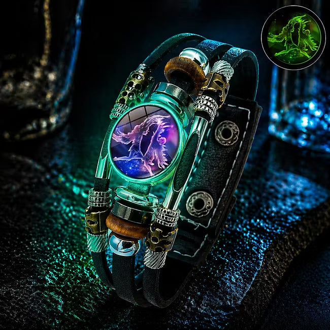 🎉 2026 Sale — Over 21 300 Sold!🔥 Glow‑in‑the‑dark Leather Zodiac Sign Bracelet