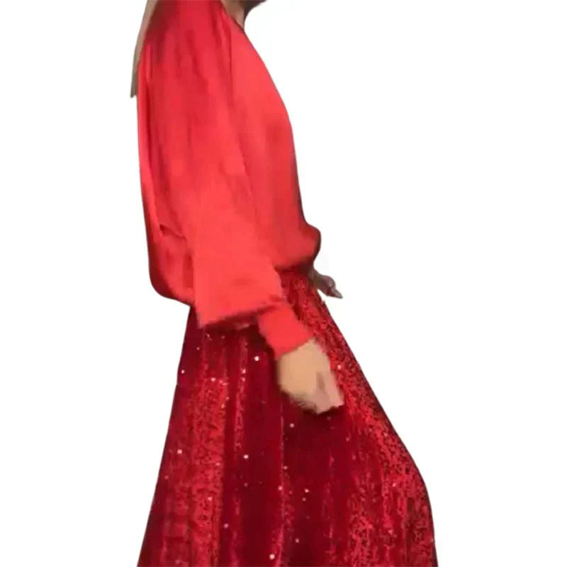 🎄✨Women's Long Sleeve Top & Sequin Maxi Skirt Two-Piece Set