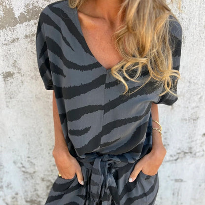 💞Women's Zebra Print V-Neck Top & Pants (2-Piece Set)
