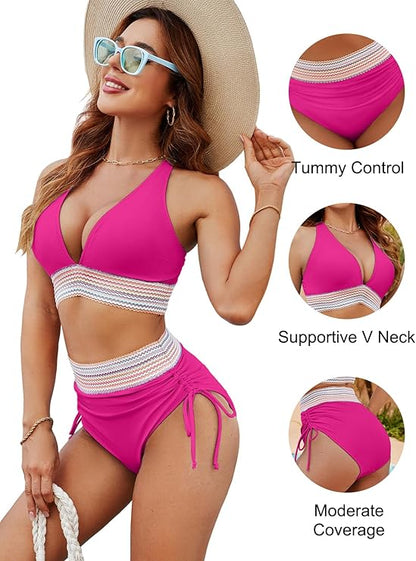 ✨New Arrival✨👙High Waisted Tummy Control Colour Block Bikini Sets