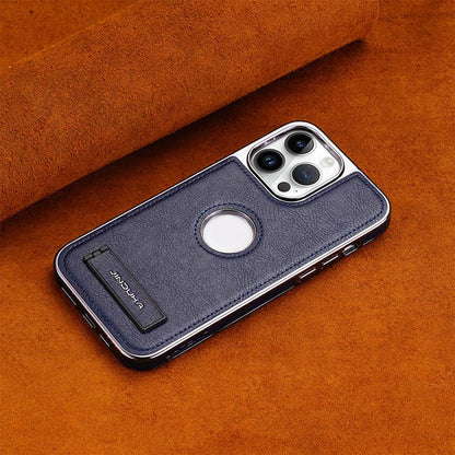 Invisible stand phone case with electroplated bezel and leather protector