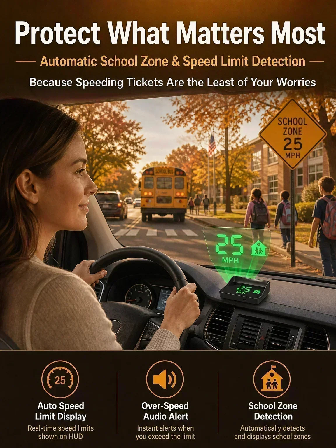 🚗50% OFF NOW! Head-Up Display Car GPS Digital Speedometer – Traffic Light Countdown & Red Light Camera Alert HUD, Universal Driver Safety Warning Device to Avoid Tickets for City Driving