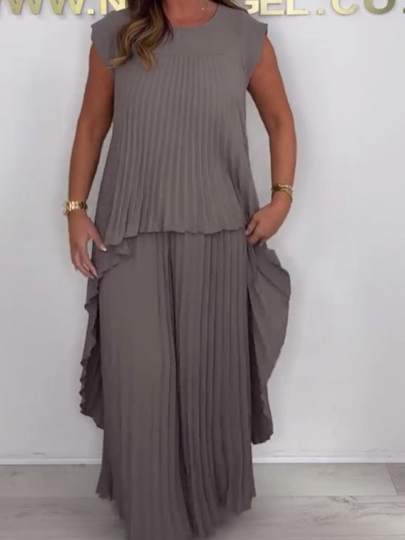 ⏳Limited time 50% OFF⏳🔥Laney Pleated Short Sleeve Irregular Midi Top and Elastic Waist Wide Leg Pants Set✨
