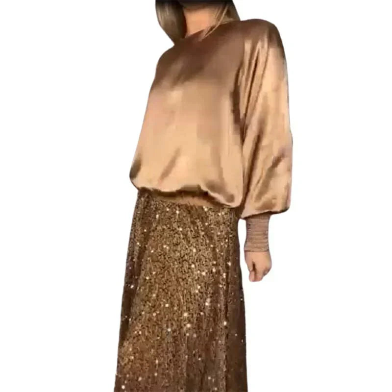 🎄✨Women's Long Sleeve Top & Sequin Maxi Skirt Two-Piece Set