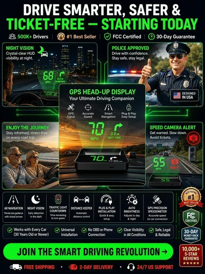 🚗50% OFF NOW! Head-Up Display Car GPS Digital Speedometer – Traffic Light Countdown & Red Light Camera Alert HUD, Universal Driver Safety Warning Device to Avoid Tickets for City Driving