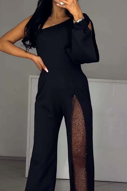 Women's fashionable and sexy jumpsuit with sloping shoulders and high slit