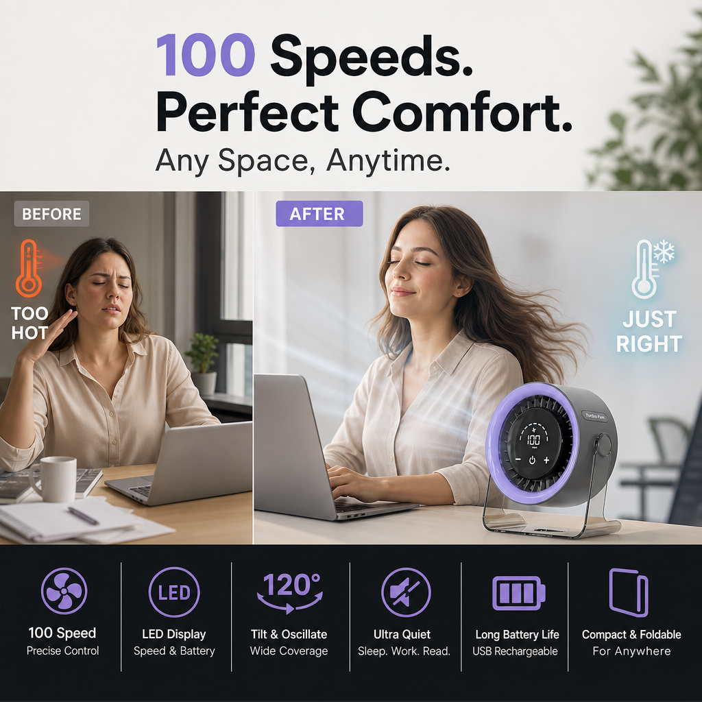 🏆2026 Desk Fan – USB Rechargeable with LED Display 📊 | 100 Speeds, 120° Tilt & Full Oscillation ↔️ | Ultra-Quiet for Bedroom 😴, Office 🖥️ & Camping 🏕️ | Up to 24H Battery ⚡