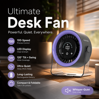 🏆2026 Desk Fan – USB Rechargeable with LED Display 📊 | 100 Speeds, 120° Tilt & Full Oscillation ↔️ | Ultra-Quiet for Bedroom 😴, Office 🖥️ & Camping 🏕️ | Up to 24H Battery ⚡