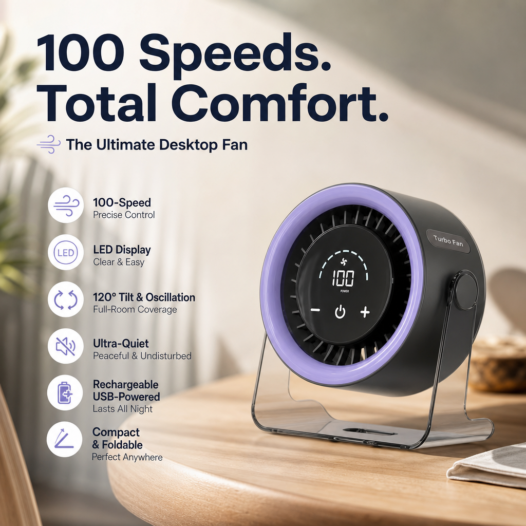 🏆2026 Desk Fan – USB Rechargeable with LED Display 📊 | 100 Speeds, 120° Tilt & Full Oscillation ↔️ | Ultra-Quiet for Bedroom 😴, Office 🖥️ & Camping 🏕️ | Up to 24H Battery ⚡