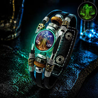 🎉 2026 Sale — Over 21 300 Sold!🔥 Glow‑in‑the‑dark Leather Zodiac Sign Bracelet