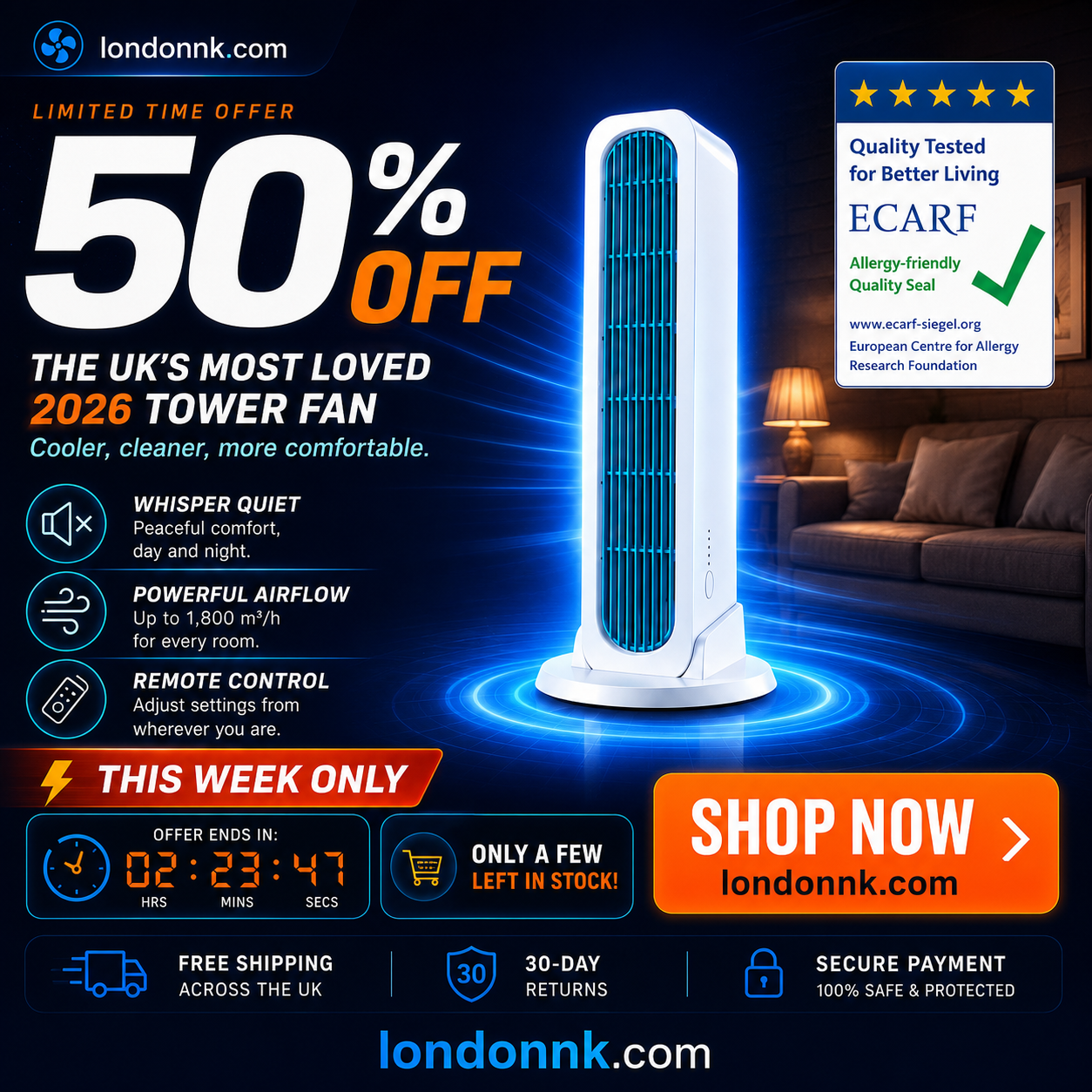 ❄️【Cool the Entire Room in 90 Seconds】Tower Fan—an air conditioner that can be used in both upright and horizontal positions