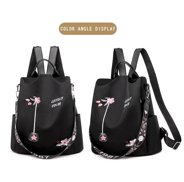 Floral Embroidered Waterproof Oxford Backpack