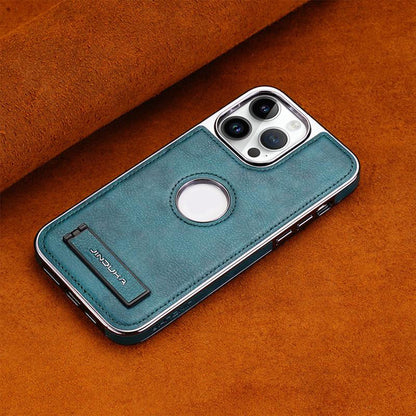 Invisible stand phone case with electroplated bezel and leather protector