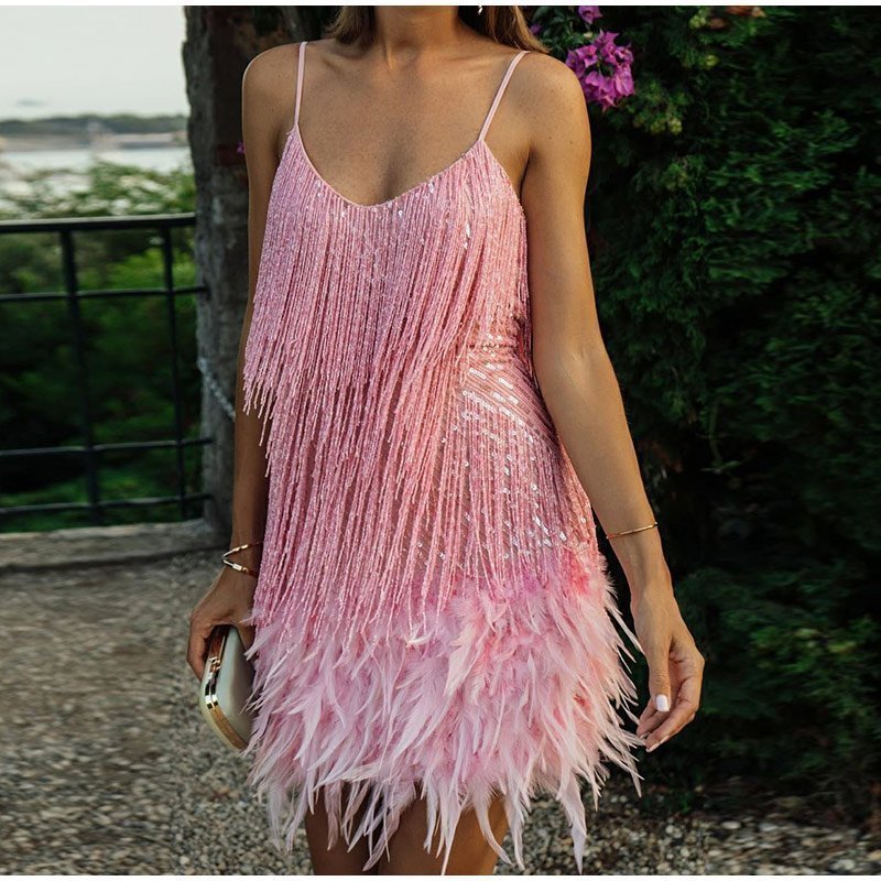 🔥Last Day Promotion 47% OFF💝Women's Feather Fringe Sequin Spaghetti Strap Dress