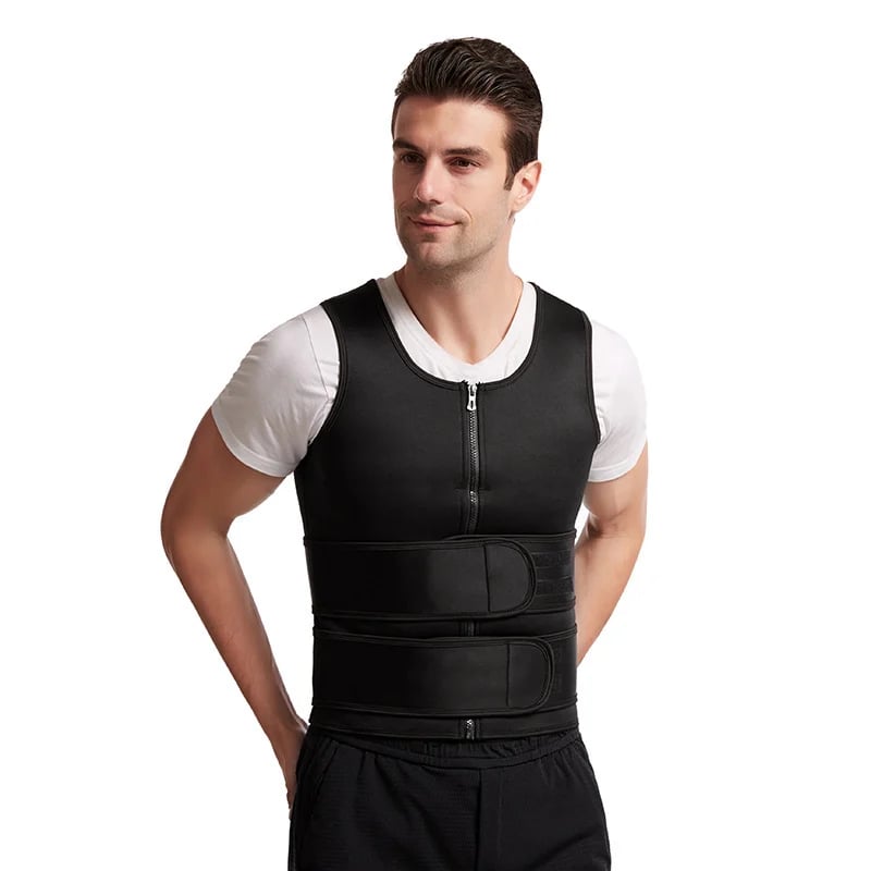 Body shaping sauna vest with waist trainer and double belt for men