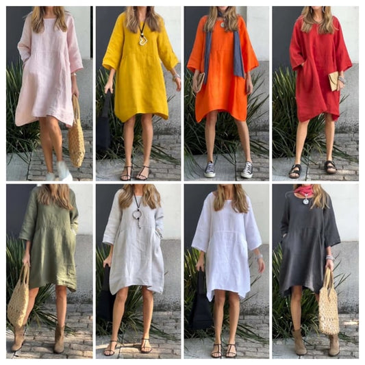 🌟2024 New products👗Casual solid color cotton and linen dress