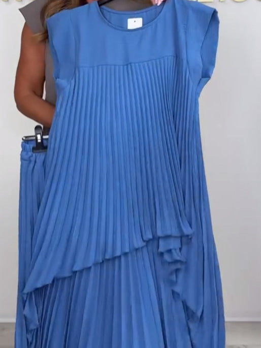 ⏳Limited time 50% OFF⏳🔥Laney Pleated Short Sleeve Irregular Midi Top and Elastic Waist Wide Leg Pants Set✨