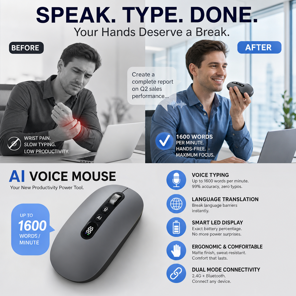 🖱️ LIMITED-TIME 58% OFF! 💥 AI Smart Voice Wireless Mouse – 1600 Words/Min, Translation Hub, Ergonomic ✨
