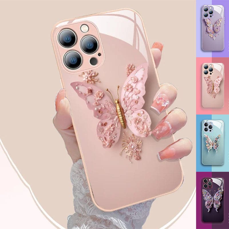 🌟 Flat 3D Butterfly Pattern Glass Cover Compatible with iPhone 🌟