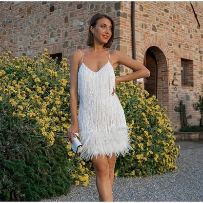 🔥Last Day Promotion 47% OFF💝Women's Feather Fringe Sequin Spaghetti Strap Dress