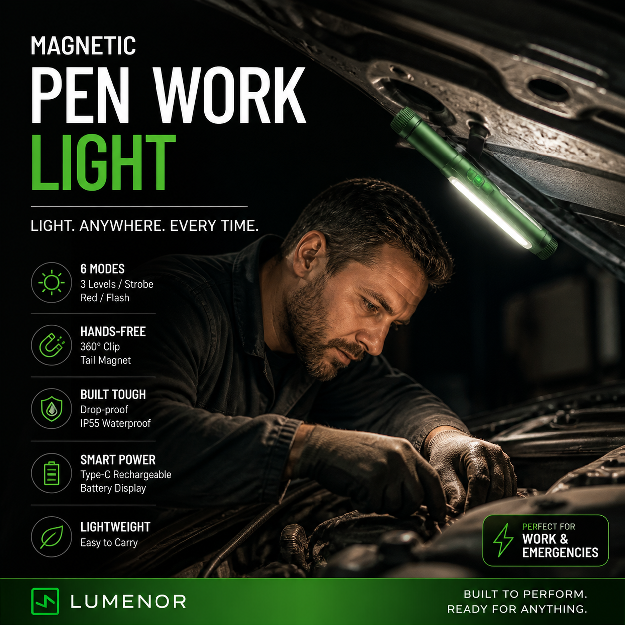 🔦🔥Must-Have Tool! Multifunctional Pen-Shaped Strong Magnetic Work Light, Portable Rotatable LED Work Torch, Magnetic Base Hands-Free Lighting for Repair & Outdoor💡