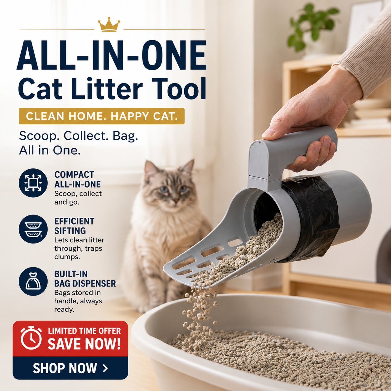 📢📢50% OFF !! ⏰ Self-Cleaning Litter Scoop with Waste Bin – Easy One-Handed Use 🧹🗑️ 【Don‘t Miss Out】