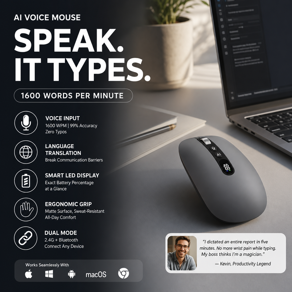 🖱️ LIMITED-TIME 58% OFF! 💥 AI Smart Voice Wireless Mouse – 1600 Words/Min, Translation Hub, Ergonomic ✨