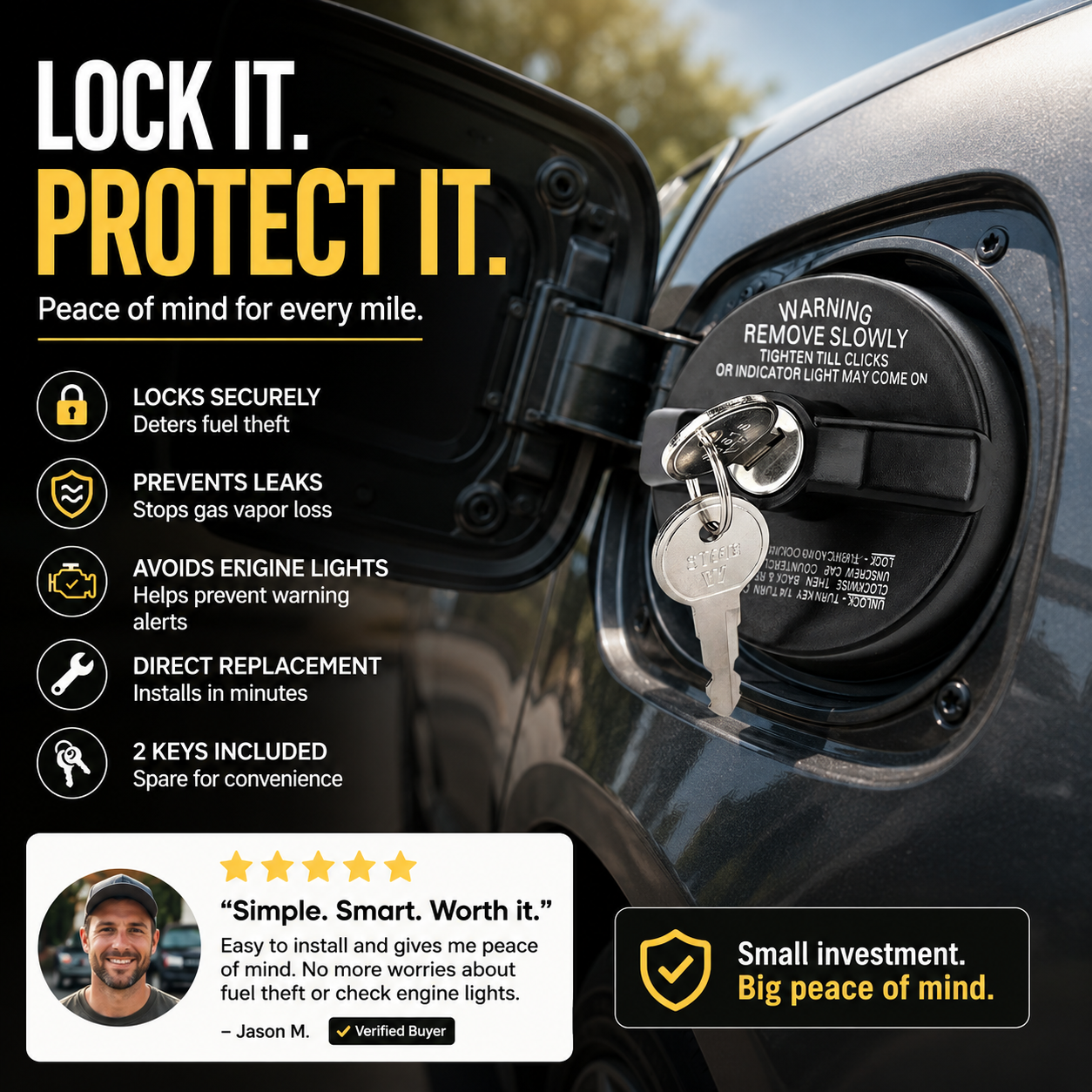 🔒 Locking Fuel Cap – Anti-Theft, Precision Seal, Prevents Fuel Vapor Leak – Includes 2 Keys (OEM Fit)