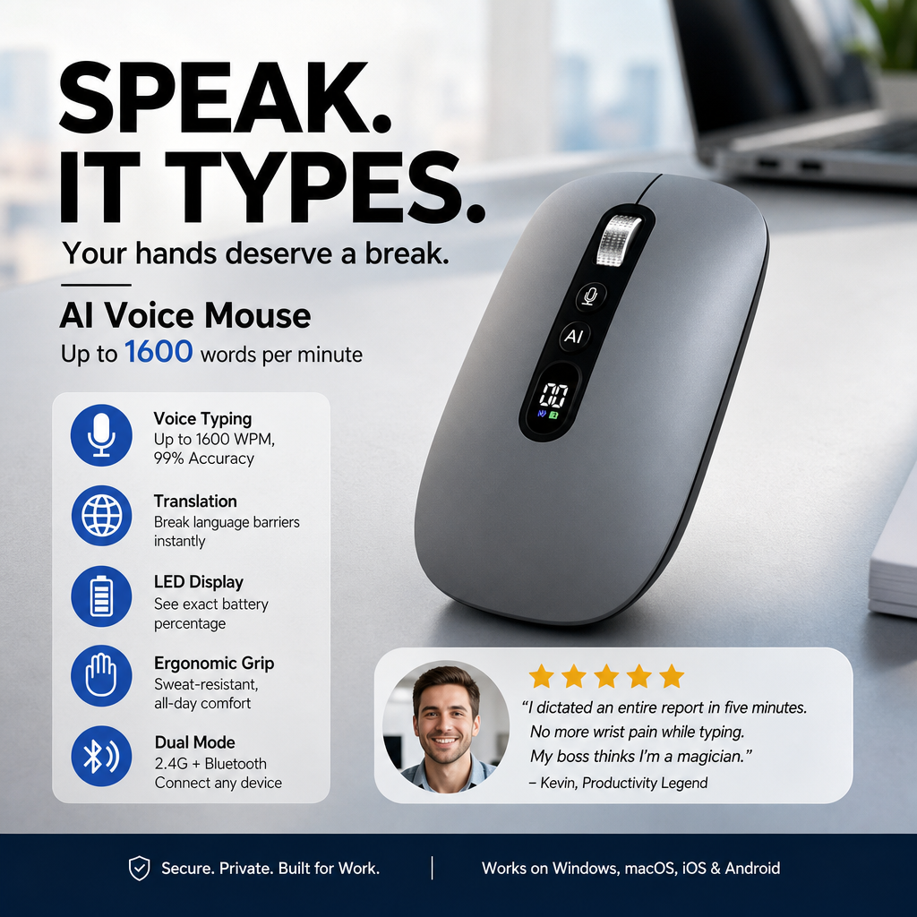 🖱️ LIMITED-TIME 58% OFF! 💥 AI Smart Voice Wireless Mouse – 1600 Words/Min, Translation Hub, Ergonomic ✨