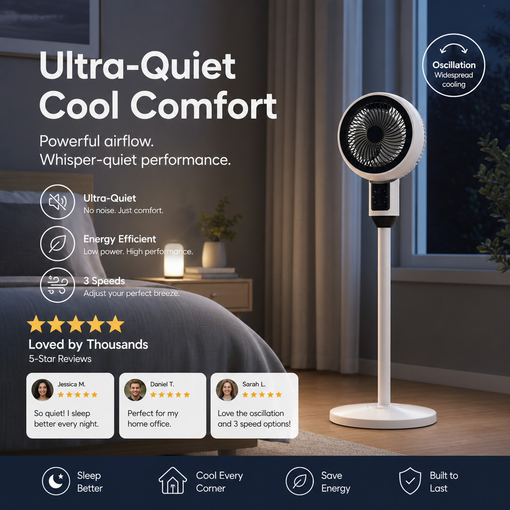 ⚡ Limited stock🌬️Quiet 3-Speed Oscillating Pedestal Fan – Adjustable Home Air Circulator❄️  360° rotation✔️Three fan speeds, quiet during sleep 🤫