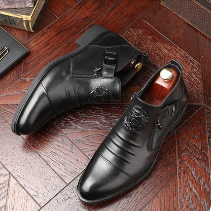 Men's Leather Ankle Boots with Double Side Zipper and Pointed Toe