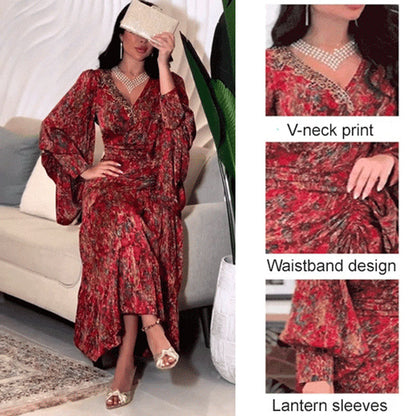 🔥Hot sale🌷V-neck dress with biscuit sleeves and print💃