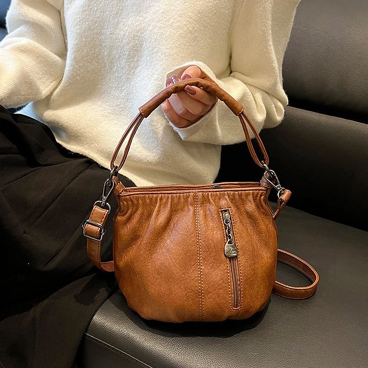 Casual Pleated Bucket Soft Leather Handbag Shoulder Bag