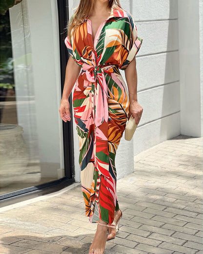 🔥SUMMER SALE 49% OFF💃Casual Lapel Neck Waist Print Shirt Dress