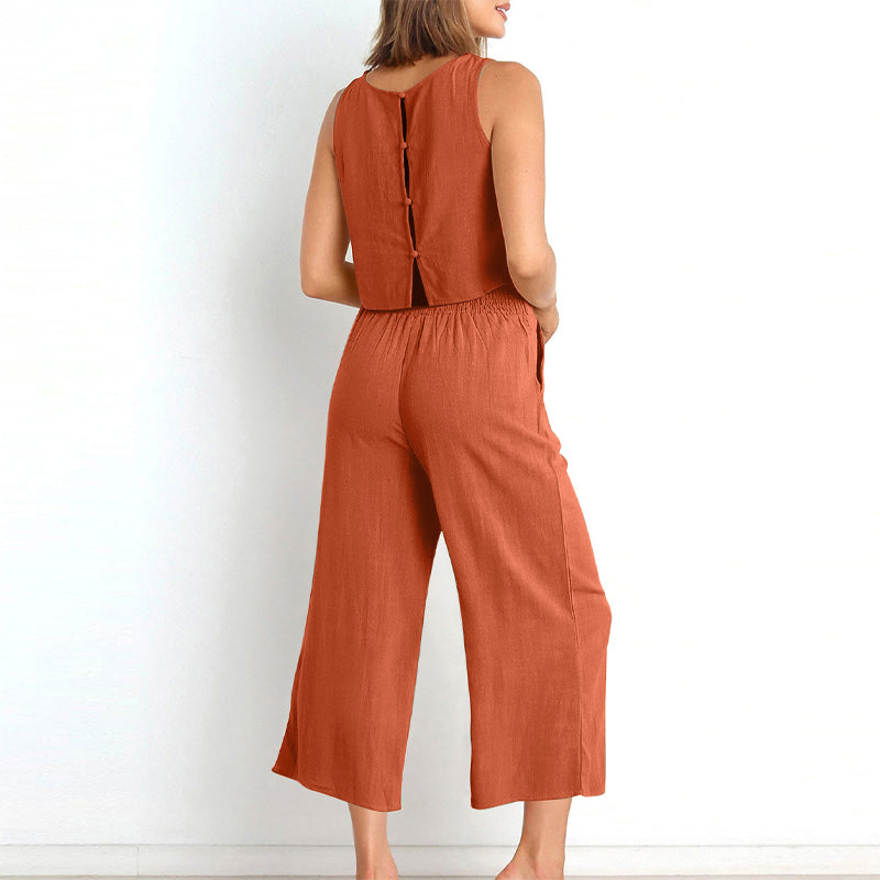 Women’s Cotton Linen 2-Piece Set Sleeveless  Short Top and Wide Leg Pants