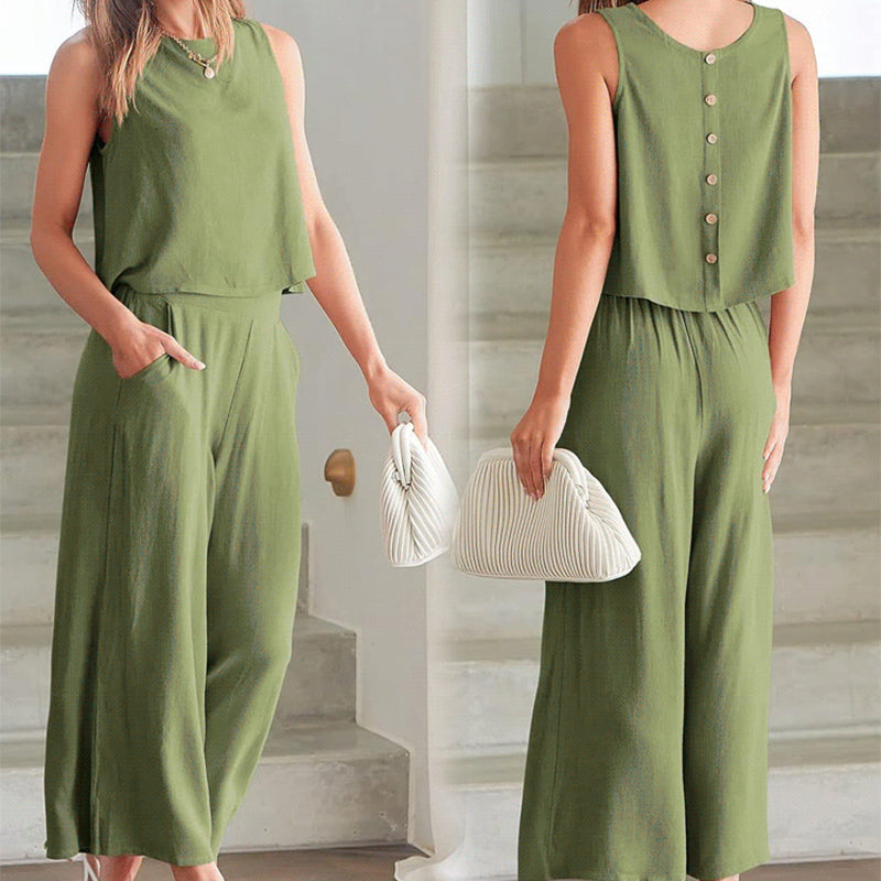 Women’s Cotton Linen 2-Piece Set Sleeveless  Short Top and Wide Leg Pants