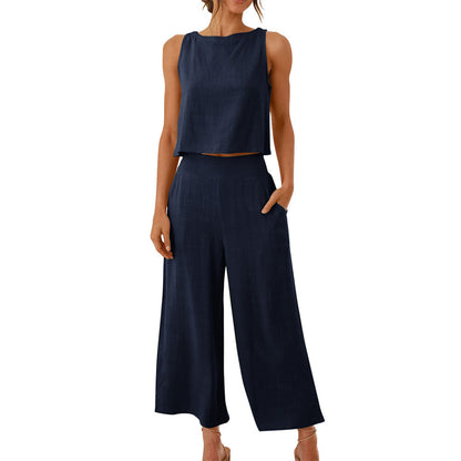 Women’s Cotton Linen 2-Piece Set Sleeveless  Short Top and Wide Leg Pants