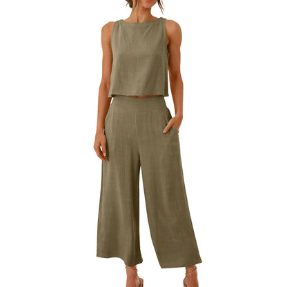 Women’s Cotton Linen 2-Piece Set Sleeveless  Short Top and Wide Leg Pants