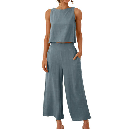 Women’s Cotton Linen 2-Piece Set Sleeveless  Short Top and Wide Leg Pants