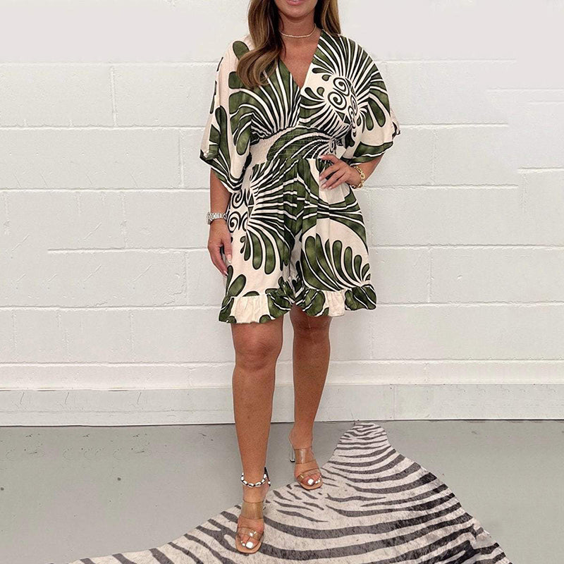 💕Last Day Special Price 💕Women's Plant Printed Casual Short Jumpsuit