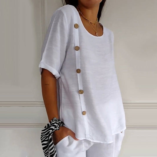 🔥Hot Sale 50% OFF💝Women's Crew Neck Side Button Blouse
