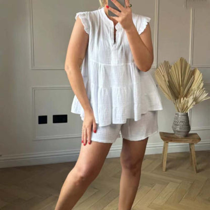 😍Best Sellers😍Women's Cheesecloth Ruffle Shorts & Top Set 【Factory Direct Sales】