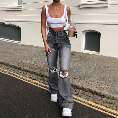 🔥Hot Sale! Women's Casual Ripped High-Waisted Wide-Leg Pants