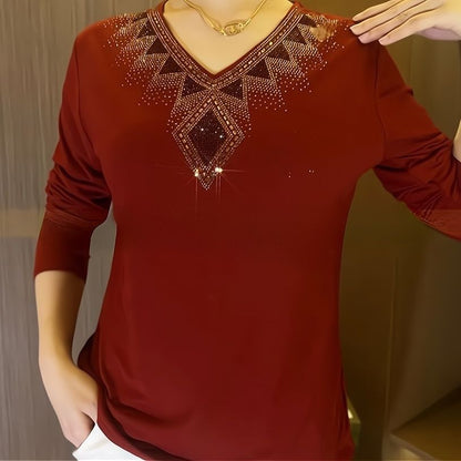 2024 High quality winter velvet long sleeve t-shirt with rhinestones, warm and fashionable