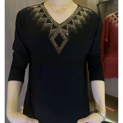 2024 High quality winter velvet long sleeve t-shirt with rhinestones, warm and fashionable