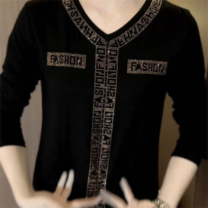 2024 High quality winter velvet long sleeve t-shirt with rhinestones, warm and fashionable