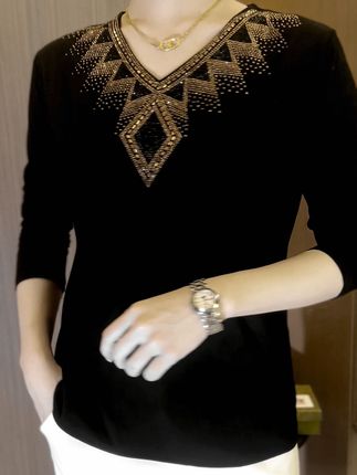 2024 High quality winter velvet long sleeve t-shirt with rhinestones, warm and fashionable