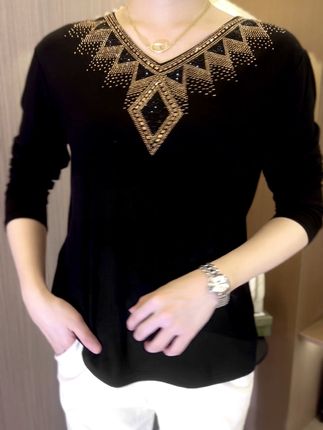 2024 High quality winter velvet long sleeve t-shirt with rhinestones, warm and fashionable