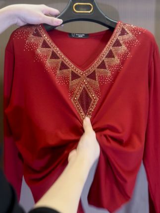 2024 High quality winter velvet long sleeve t-shirt with rhinestones, warm and fashionable