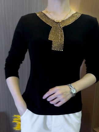 2024 High quality winter velvet long sleeve t-shirt with rhinestones, warm and fashionable